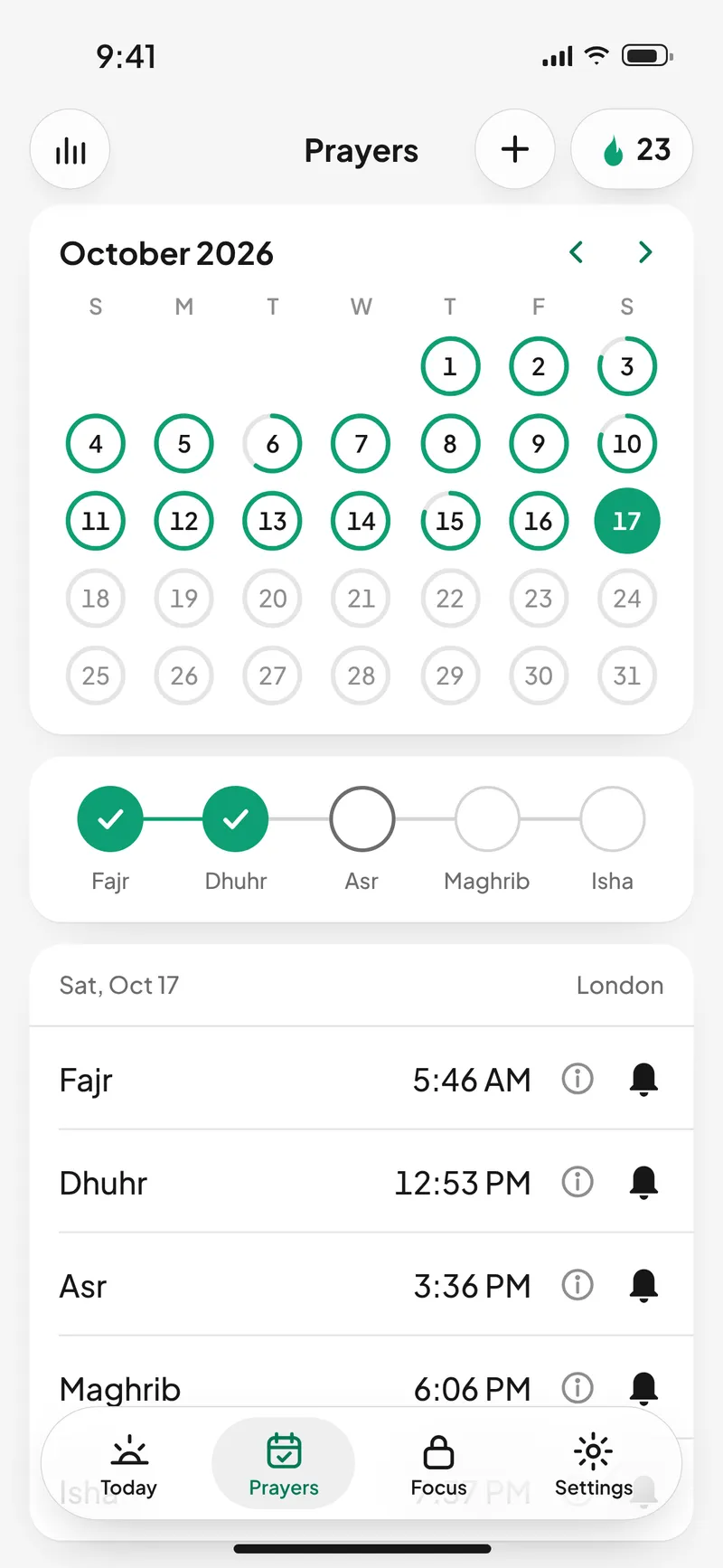 Prayers: a month of rings filling as prayers are marked, and the day's times with alerts