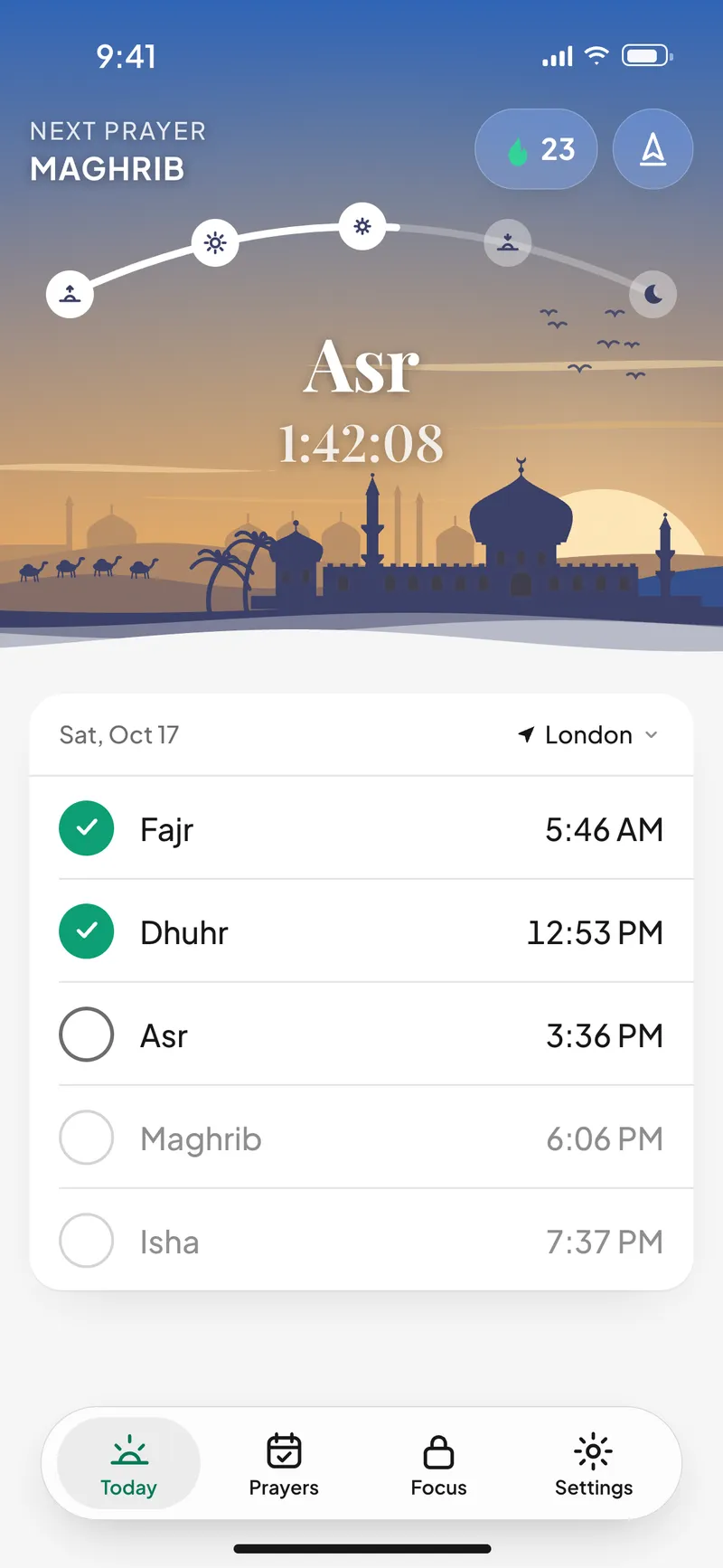 Today: the Asr sky with the time left, and the day's five prayers with check marks